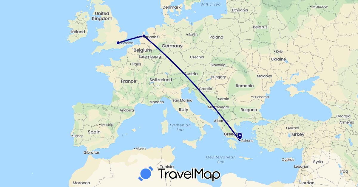 TravelMap itinerary: driving in United Kingdom, Greece, Netherlands (Europe)